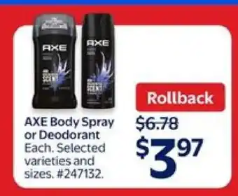 Walmart AXE Body Spray or Deodorant offer