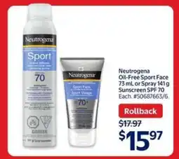 Walmart Neutrogena Oil-Free Sport Face 73 mL or Spray 141 g Sunscreen SPF 70 offer