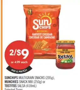 Shoppers Drug Mart SUNCHIPS MULIIGRAIN SNACKS (205g), MUNCHIES SNACK MIX (250g) or TOSTITOS SALSA (418mL) offer