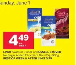 Rexall LINDT Swiss or Lindor or RUSSELL STOVER No Sugar Added Chocolate Bars 85g -200g offer