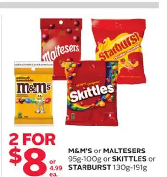 Rexall M&M'S or MALTESERS 95g-100g or SKITTLES or STARBURST 130g-191g offer
