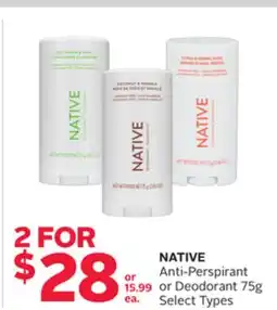 Rexall NATIVE Anti-Perspirant or Deodorant 75g offer