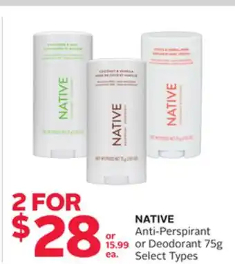 Rexall NATIVE Anti-Perspirant or Deodorant 75g offer