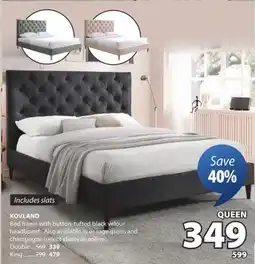 JYSK KOVLAND Bed frame with button-tufted black velour headboard offer