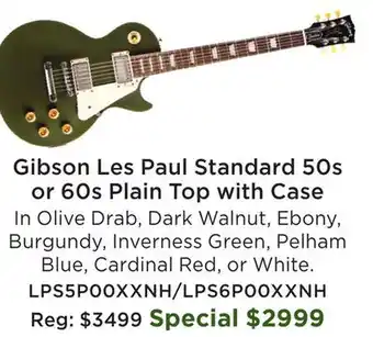 Long & McQuade Gibson Les Paul Standard 50s or 60s Plain Top with Case offer