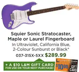 Long & McQuade Squier Sonic Stratocaster, Maple or Laurel Fingerboard offer