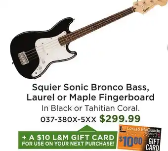 Long & McQuade Squier Sonic Bronco Bass, Laurel or Maple Fingerboard offer