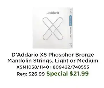 Long & McQuade D'Addario XS Phosphor Bronze Mandolin Strings, Light or Medium offer