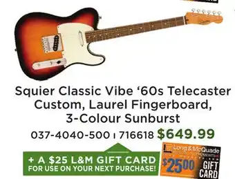 Long & McQuade Classic Vibe '60s Custom Telecaster with Laurel Fingerboard - 3-Colour Sunburst offer