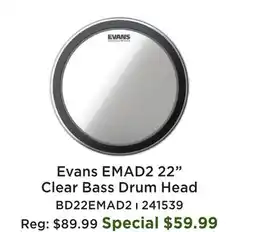 Long & McQuade Evans EMAD2 22 Clear Bass Drum Head offer