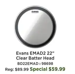 Long & McQuade BD22EMAD - 22 Inch EMAD Batter Clear Drumhead offer