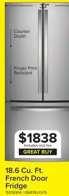 Leon's GE Fingerprint Resistant 33 Counter-Depth French-Door Refrigerator (18.6 Cu.Ft.)- GWE19JYLFS offer