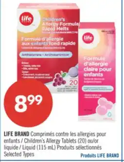 Pharmaprix LIFE BRAND Children's Allergy Tablets (20) or Liquid (115mL) offer