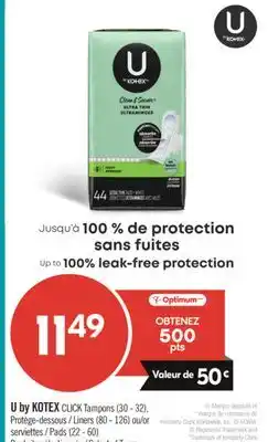 Pharmaprix U by KOTEX CLICK Tampons (30 - 32). Liners (80 - 126) or Pads (22 - 60) offer