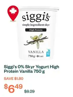 Voilà Siggi's 0% Skyr Yogurt High Protein Vanilla 750 g offer