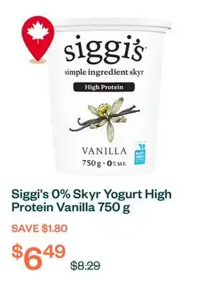 Voilà Siggi's 0% Skyr Yogurt High Protein Vanilla 750 g offer