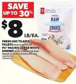 Loblaws Fresh ASC tilapia fillets or PC pacific large white shrimp offer
