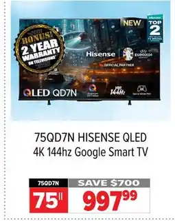 2001 Audio Video HISENSE 75 QLED 4K 144hz Google Smart TV offer