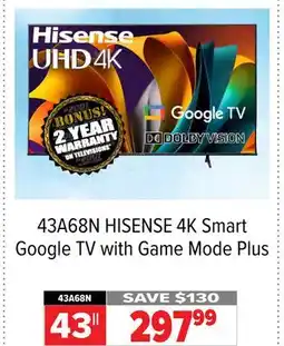 2001 Audio Video HISENSE 43 4K Smart Google TV with Game Mode Plus offer