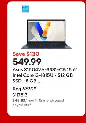 Staples Asus X1504VA-SS31-CB 15.6 Intel Core i3-1315U - 512 GB SSD - 8 GB RAM - Windows 11 Home - Quiet Blue offer