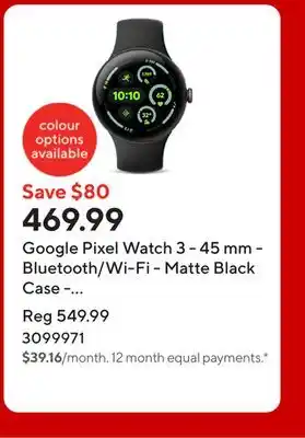 Staples Google Pixel Watch 3 - 45 mm - Bluetooth/Wi-Fi - Matte Black Case - Obsidian Band offer