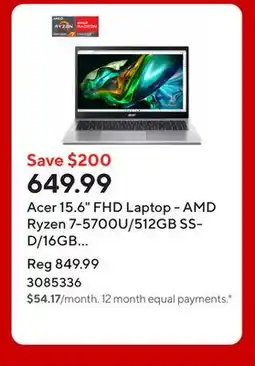 Staples Acer 15.6 FHD Laptop - AMD Ryzen 7-5700U/512GB SSD/16GB RAM/Windows 11 offer