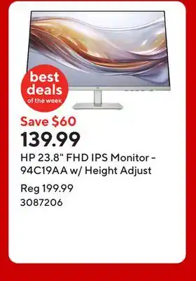 Staples HP 23.8 FHD IPS Monitor - 94C19AA w/ Height Adjust offer