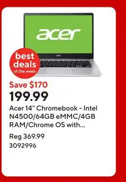 Staples Acer 14 Chromebook - Intel N4500/64GB eMMC/4GB RAM/Chrome OS with 3 months of Gemini Advanced offer