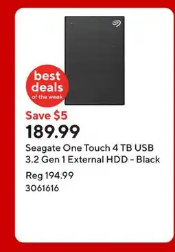 Staples Seagate One Touch 4 TB USB 3.2 Gen 1 External HDD - Black offer