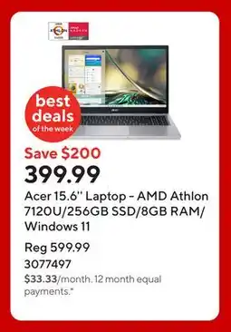 Staples Acer 15.6'' Laptop - AMD Athlon 7120U/256GB SSD/8GB RAM/Windows 11 offer