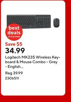Staples Logitech MK235 Wireless Keyboard & Mouse Combo - Grey - English (920-007897) offer