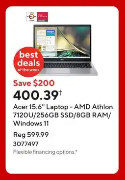Staples Acer 15.6'' Laptop - AMD Athlon 7120U/256GB SSD/8GB RAM/Windows 11 offer