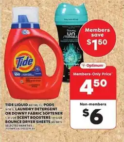 Loblaws Tide liquid pods, laundry detergent or downy fabric softener or scent boosters bounce dryer sheets offer