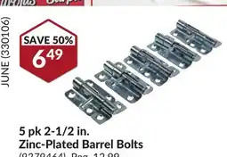 Princess Auto 5 pk 2-1/2 in. Zinc-Plated Barrel Bolts offer