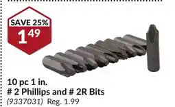 Princess Auto 10 pc 1 in. # 2 Phillips and # 2R Bits offer