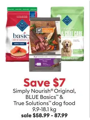 Petsmart Simply Nourish Original, BLUE Basics & True Solutions dog food offer