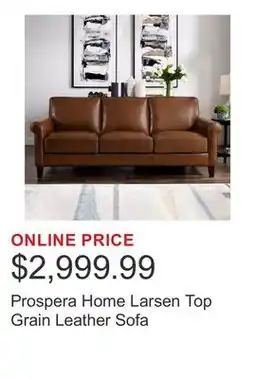 Costco Prospera Home Larsen Top Grain Leather Sofa offer