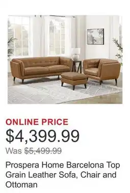 Costco Prospera Home Barcelona Top Grain Leather Sofa, Chair and Ottoman offer