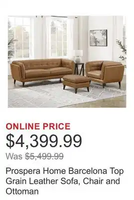 Costco Prospera Home Barcelona Top Grain Leather Sofa, Chair and Ottoman offer