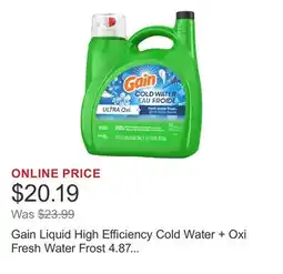 Costco Gain Liquid High Efficiency Cold Water + Oxi Fresh Water Frost 4.87 L 121 Loads offer
