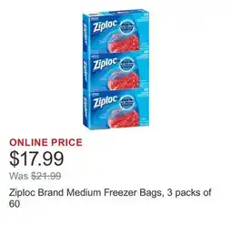 Costco Ziploc Brand Medium Freezer Bags, 3 packs of 60 offer