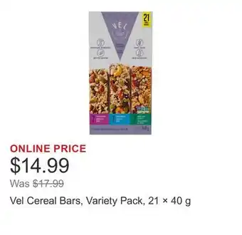 Costco Vel Cereal Bars, Variety Pack, 21 × 40 g offer