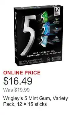 Costco Wrigley's 5 Mint Gum, Variety Pack, 12 × 15 sticks offer