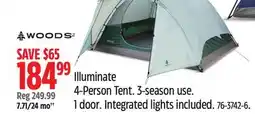 Canadian Tire WOODS Illuminate 4-Person Tent. 3-season use.1 door.Integrated lights included offer