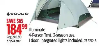 Canadian Tire WOODS Illuminate 4-Person Tent. 3-season use.1 door.Integrated lights included offer