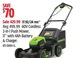 Canadian Tire Green works 60V Cordless 2-in-1 Push Mower, 17 with 4Ah Battery & Charger offer