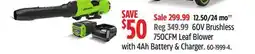 Canadian Tire Greenworks 60V Brushless 750CFM Leaf Blower with 4Ah Battery & Charger offer