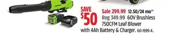 Canadian Tire Greenworks 60V Brushless 750CFM Leaf Blower with 4Ah Battery & Charger offer