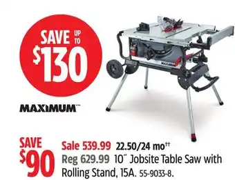 Canadian Tire Maximum 10˝ Jobsite Table Saw with Rolling Stand, 15A offer
