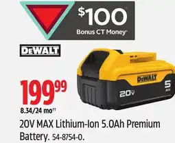Canadian Tire DEWALT 20V MAX Lithium-Ion 5.0Ah Premium Battery offer